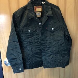 Levi's Olive Green Button-Up Jacket 100% polyester not denim more like rain coat